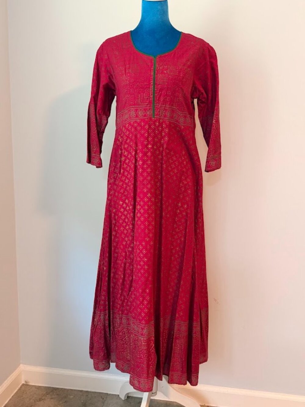 Bright Pink Cotton Maxi Dress Gold Print Green Trim